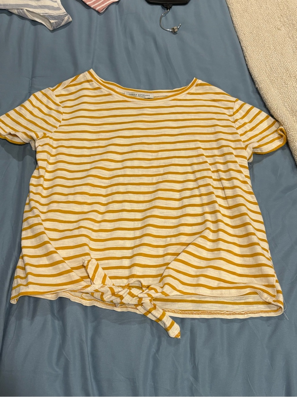 Green Envelope Yellow and White Striped Tie-Front Short Sleeve Tee